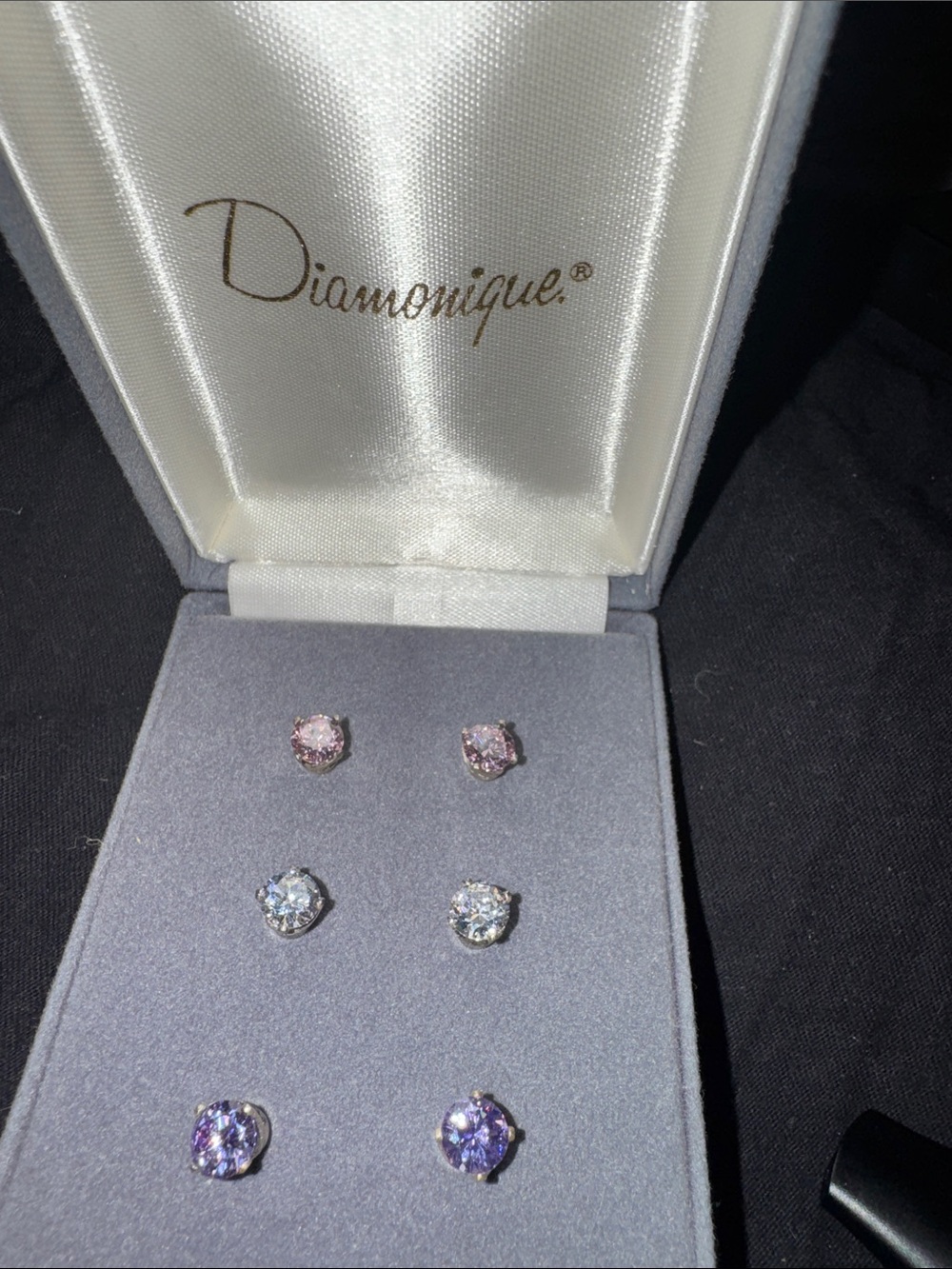 NWT Diamonique Pink, Clear & Purple Stud Earring Set